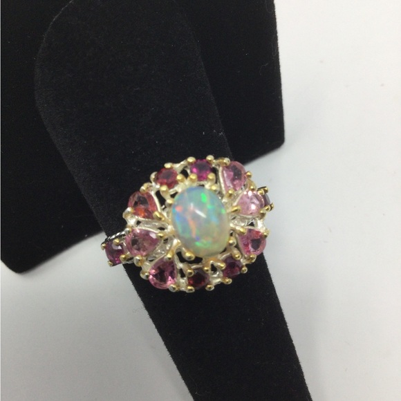 Genuine , Natural Fiery Opal & Pink Tourmalines Ring - Picture 4 of 14